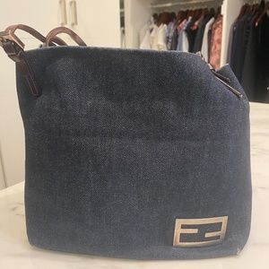 FENDI denim mini tote with brown leather straps